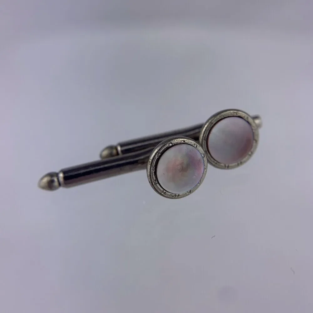 Black MOP Pearl Silver Tone Tuxedo Shirt Stud Round Decorative Edge Vintage
